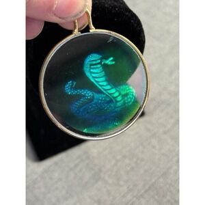 Vintage 80s 3D Glass Hologram Cobra Snake Pendant Gold Tone Round Medallion
